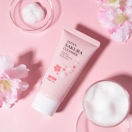 LAIKOU japon Sakura nettoyant doux nettoyage en profondeur contrôle de l'huile hydratant rétrécit les Pores visage soins de la peau nettoyant pour la peau 50g
