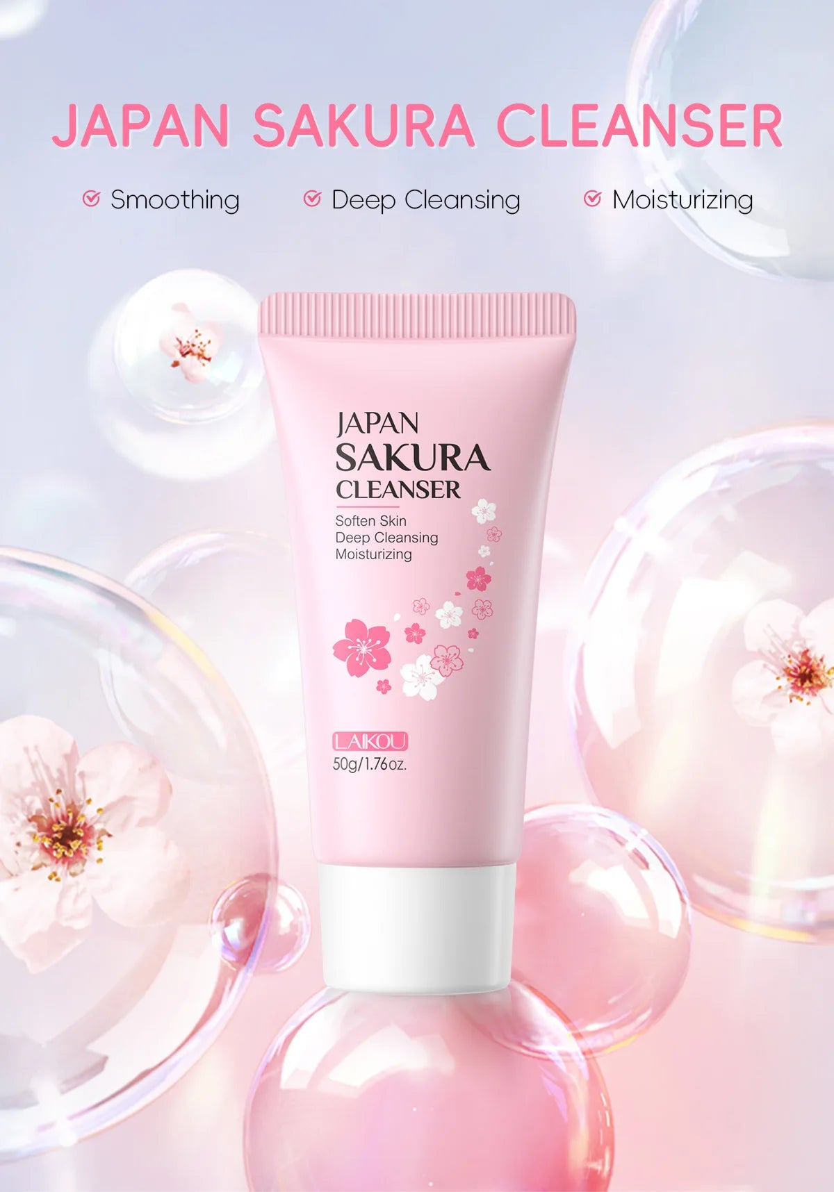 LAIKOU japon Sakura nettoyant doux nettoyage en profondeur contrôle de l'huile hydratant rétrécit les Pores visage soins de la peau nettoyant pour la peau 50g