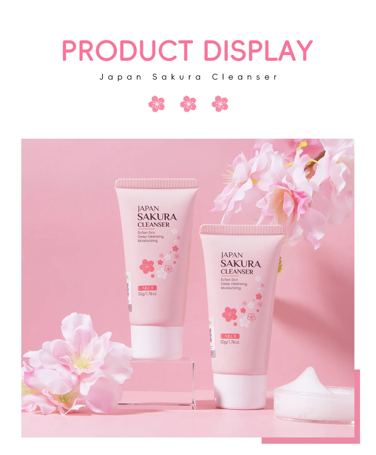 LAIKOU japon Sakura nettoyant doux nettoyage en profondeur contrôle de l'huile hydratant rétrécit les Pores visage soins de la peau nettoyant pour la peau 50g